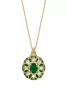 Diamond and Natural Emerald Pendant Necklace in 14K Yellow Gold