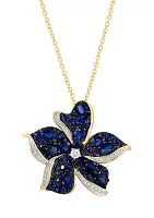 Diamond and Sapphire Flower Pendant Necklace in 14K Yellow Gold