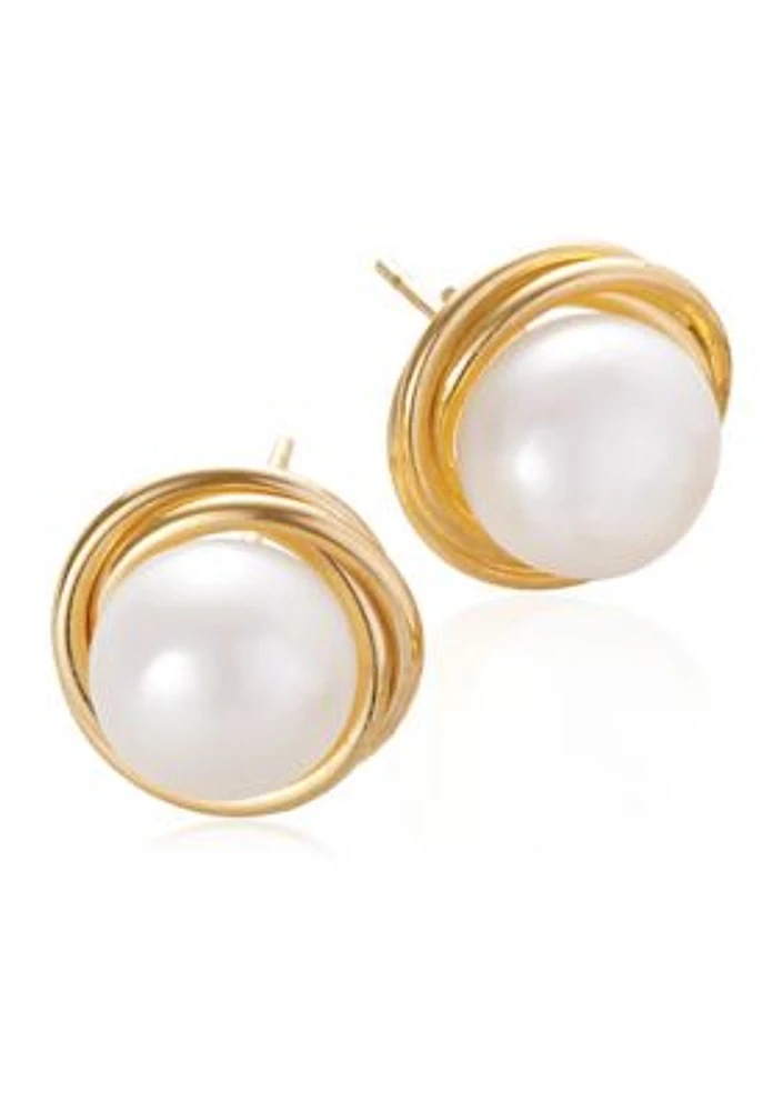 Freshwater Pearl Love Knot Earrings in 14K Yellow Gold