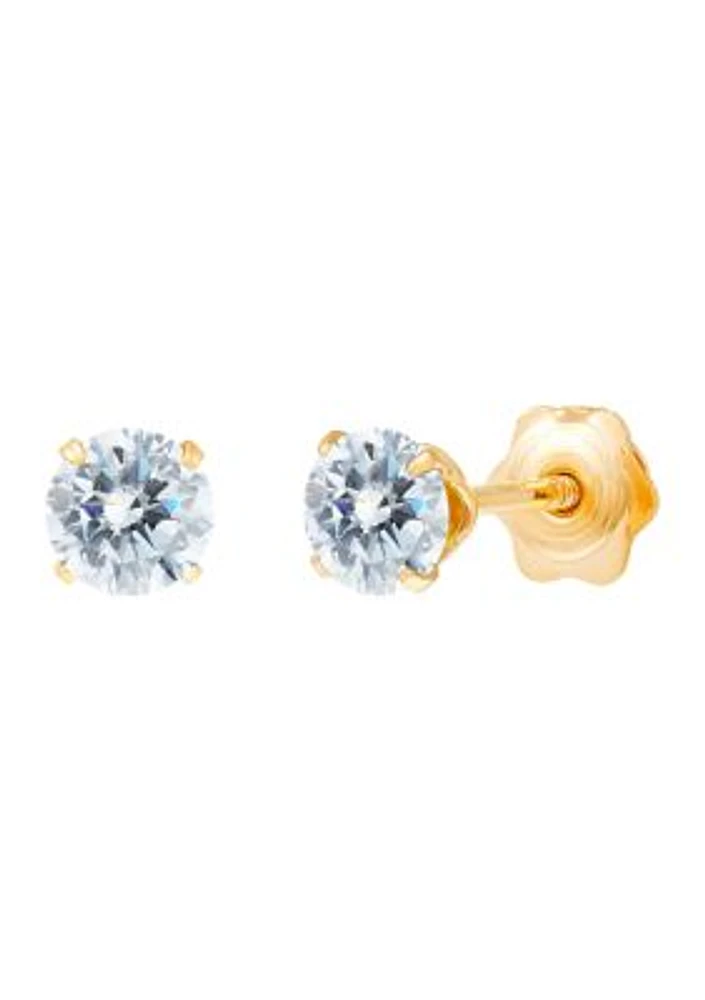 4 Millimeter Round Clear Cubic Zirconia Earrings in 14k Yellow Gold