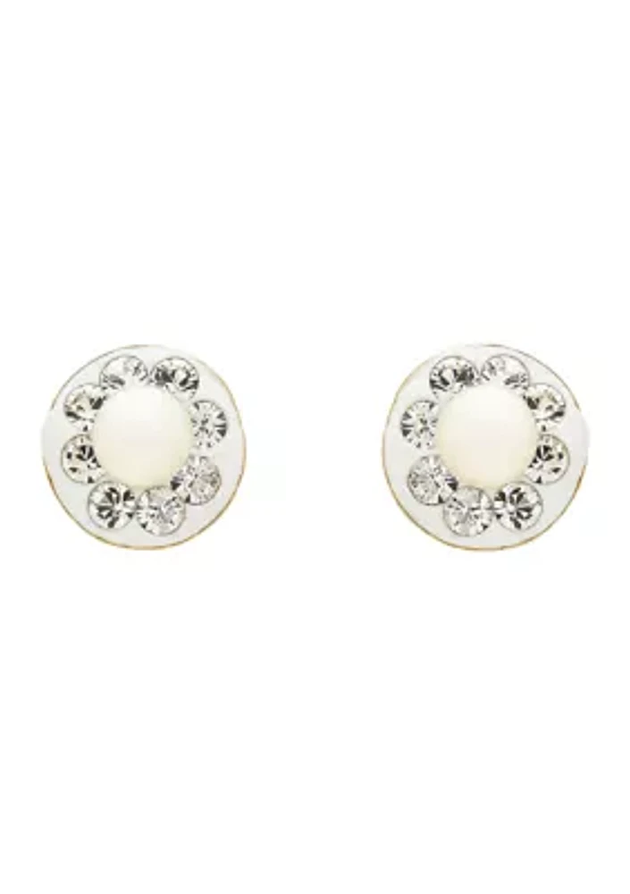 Kids Pearl and Crystal Stud Earrings in 14K Yellow Gold