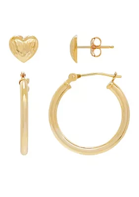 Hoop and Heart Earrings Set in 14k Yellow Gold