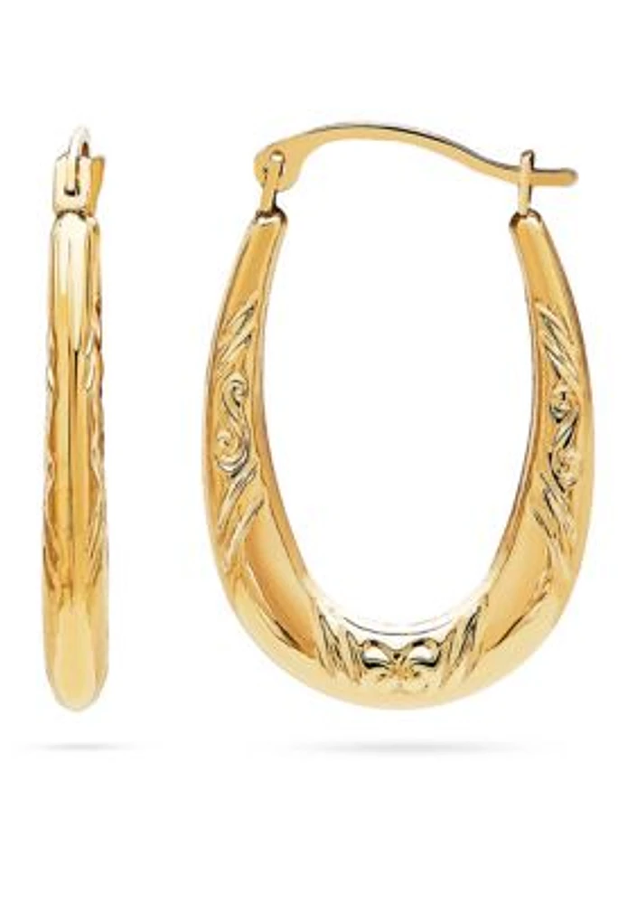 14k Yellow Gold Oval Pattern Hoop Earrings