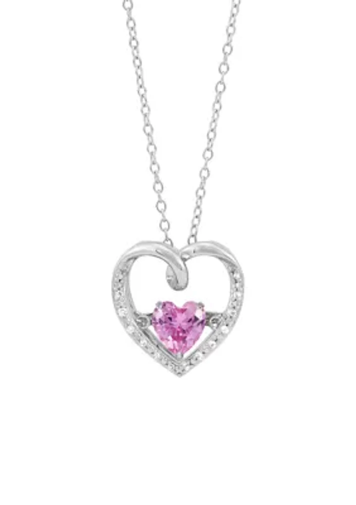 Lab Grown Pink Sapphire and Lab Grown White Sapphire Heart Dancing Pendant with 18" Cable Chain in Sterling Silver