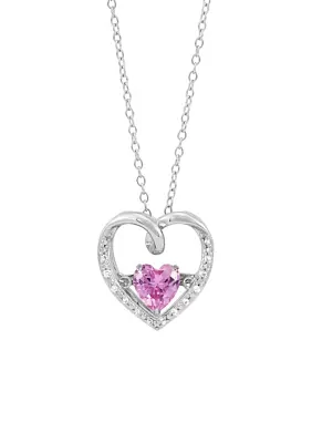 Lab Grown Pink Sapphire and Lab Grown White Sapphire Heart Dancing Pendant with 18" Cable Chain in Sterling Silver