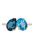 1/10 ct. t.w. Diamond and Swiss Blue Topaz and London Blue Topaz Ring in 10K Yellow Gold