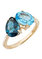 1/10 ct. t.w. Diamond and Swiss Blue Topaz and London Blue Topaz Ring in 10K Yellow Gold