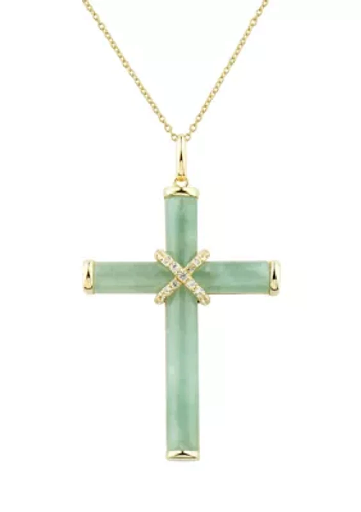 Natural Jade and Lab Created White Sapphire Cross Pendant Necklace with 18" Rope Chain in 10K Yellow Gold