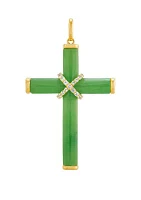 Natural Jade and Lab Created White Sapphire Cross Pendant Necklace with 18" Rope Chain in 10K Yellow Gold