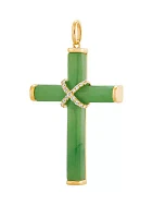 Natural Jade and Lab Created White Sapphire Cross Pendant Necklace with 18" Rope Chain in 10K Yellow Gold