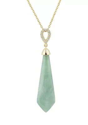 Lab Created Sword Shape Natural Jade and White Sapphire Pendent Necklace with 18" Rope Chain in 10K Yellow Gold