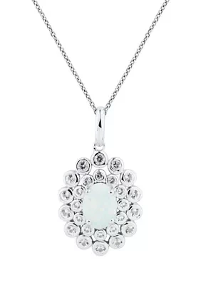 Lab Created Opal and White Topaz Pendant Necklace with 18" Cable Chain in Sterling Silver