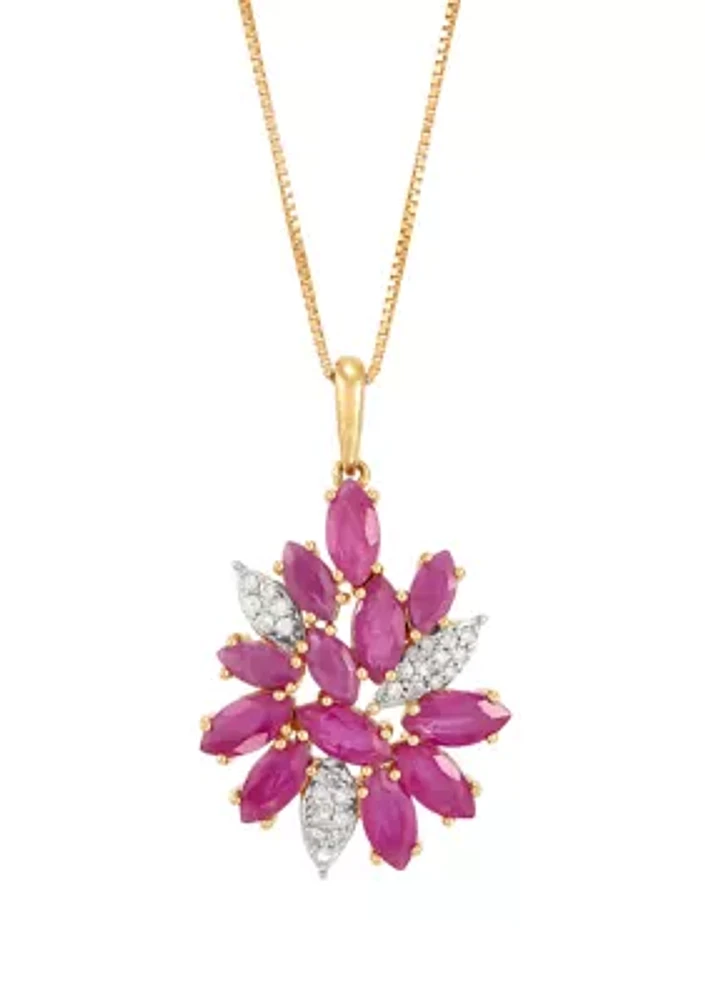 1/10 ct. t.w. Diamond and Ruby Flower Pendant Necklace with 18" Box Chain in 10K Yellow Gold