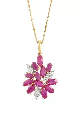 1/10 ct. t.w. Diamond and Ruby Flower Pendant Necklace with 18" Box Chain in 10K Yellow Gold