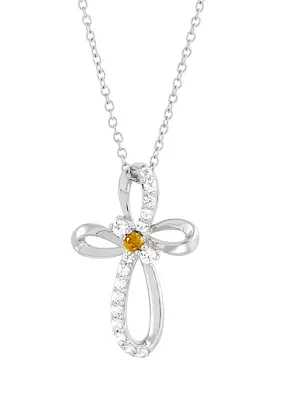 Citrine and Created White Sapphire Swirly Cross Pendant Necklace with 18" Cable Chain in Sterling Silver