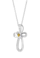 Citrine and Created White Sapphire Swirly Cross Pendant Necklace with 18" Cable Chain in Sterling Silver