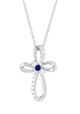 Created Sapphire and Created White Swirly Cross Sapphire Pendant Necklace with 18" Cable Chain in Sterling Silver