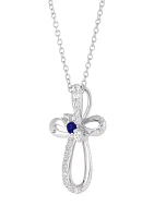 Created Sapphire and Created White Swirly Cross Sapphire Pendant Necklace with 18" Cable Chain in Sterling Silver