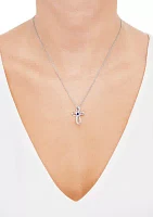 Created Sapphire and Created White Swirly Cross Sapphire Pendant Necklace with 18" Cable Chain in Sterling Silver