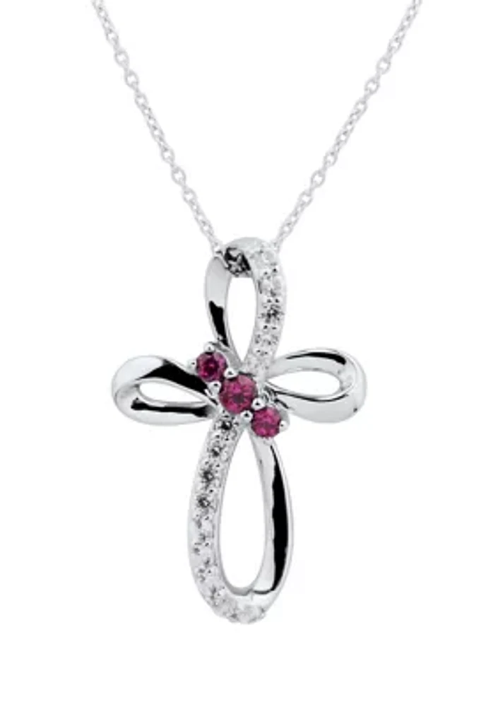 Lab Created Ruby and White Sapphire Cross Pendant Necklace with 18" Cable Chain in Sterling Silver