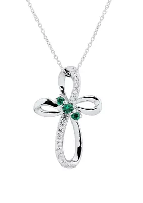 Lab Created Emerald and White Sapphire Cross Pendant Necklace with 18" Cable Chain in Sterling Silver