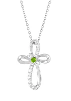 Peridot and Created White Sapphire Cross Pendant Necklace with 18" Cable Chain in Sterling Silver