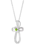 Peridot and Created White Sapphire Cross Pendant Necklace with 18" Cable Chain in Sterling Silver