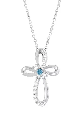 Aquamarine and Created White Sapphire Swirly Cross Pendant Necklace with 18" Cable Chain in Sterling Silver