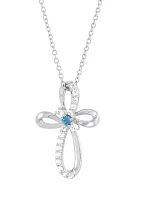 Aquamarine and Created White Sapphire Swirly Cross Pendant Necklace with 18" Cable Chain in Sterling Silver