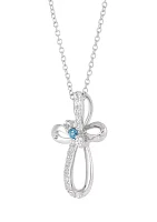 Aquamarine and Created White Sapphire Swirly Cross Pendant Necklace with 18" Cable Chain in Sterling Silver