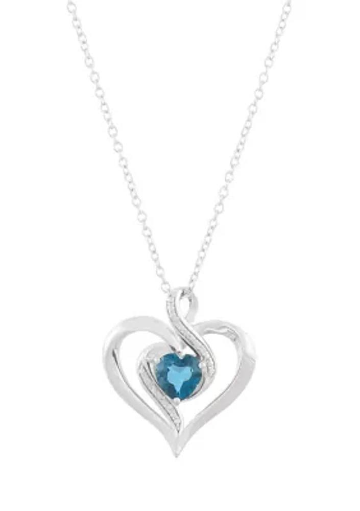 1/10 ct. t.w. Diamond and London Blue Topaz Heart Pendant Necklace with 18" Cable Chain in Sterling Silver