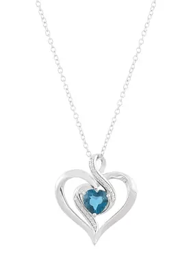 1/10 ct. t.w. Diamond and London Blue Topaz Heart Pendant Necklace with 18" Cable Chain in Sterling Silver