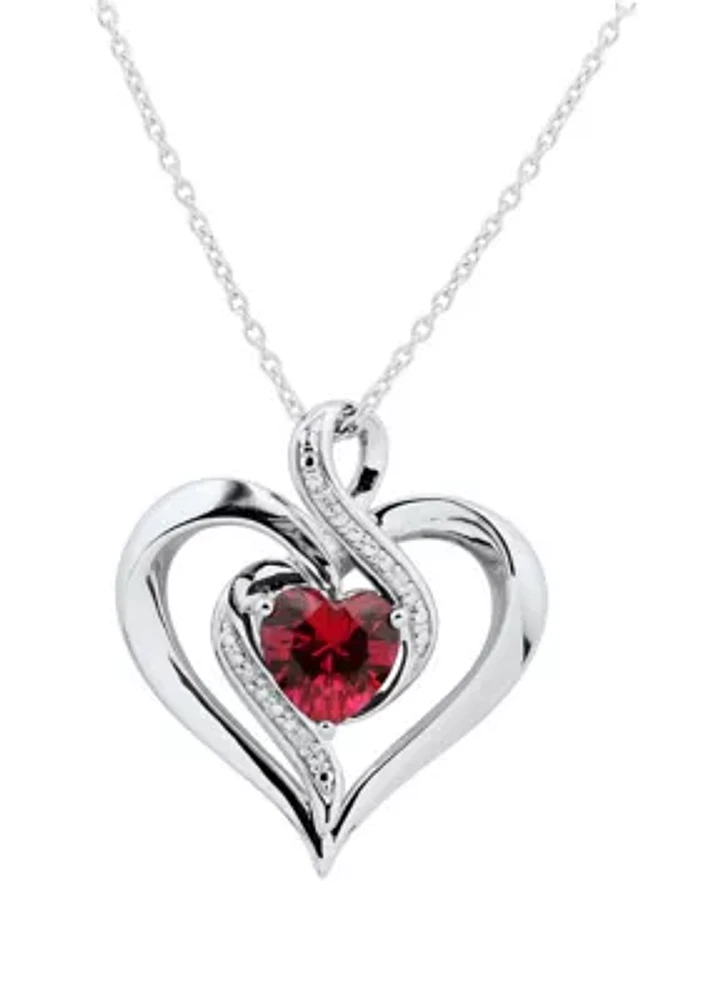 1/10 ct. t.w. Diamond and Lab Created Ruby Heart Pendant Necklace with 18" Cable Chain in Sterling Silver