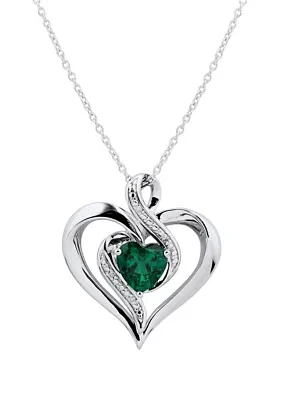 1/10 ct. t.w. Diamond and Lab Created Emerald Heart Pendant Necklace with 18" Cable Chain in Sterling Silver