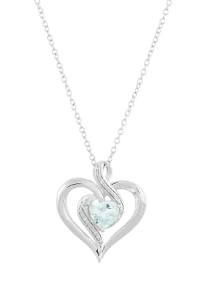 1/10 ct. t.w. Diamond and Aquamarine Heart Pendant Necklace with 18" Cable Chain in Sterling Silver