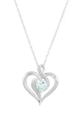 1/10 ct. t.w. Diamond and Aquamarine Heart Pendant Necklace with 18" Cable Chain in Sterling Silver