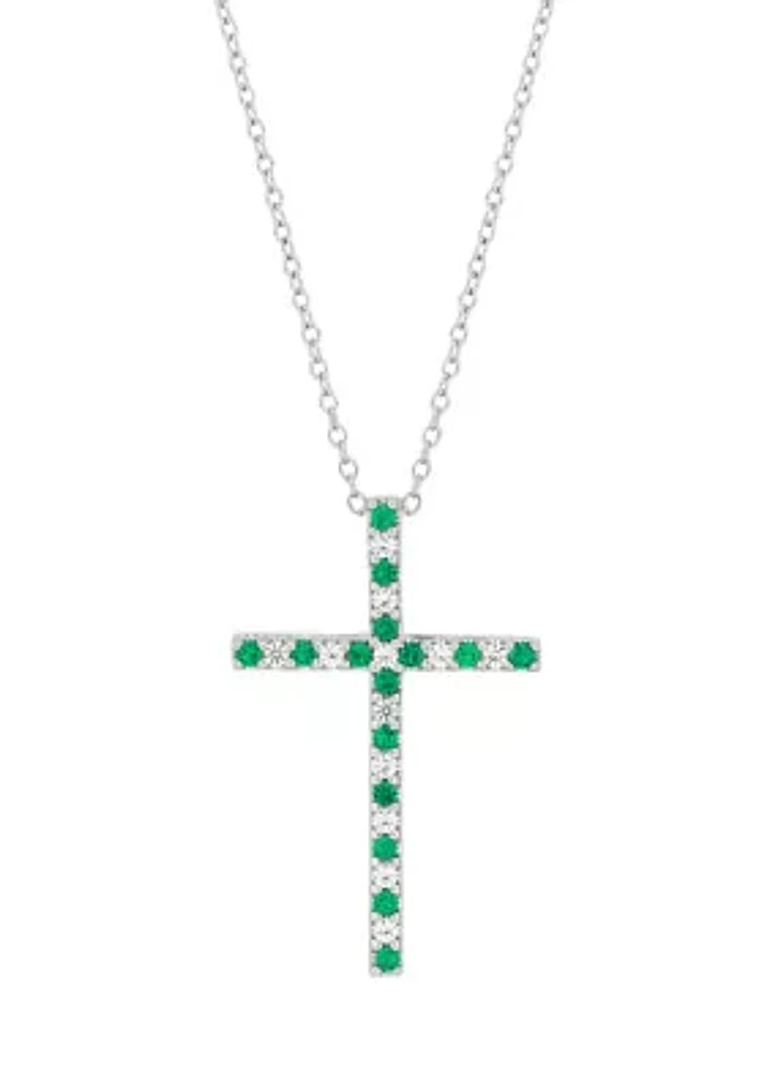 Created Emerald and Created White Sapphire Cross Pendant Necklace with 18" Box Chain in 10K White Gold