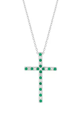 Created Emerald and Created White Sapphire Cross Pendant Necklace with 18" Box Chain in 10K White Gold