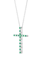 Created Emerald and Created White Sapphire Cross Pendant Necklace with 18" Box Chain in 10K White Gold