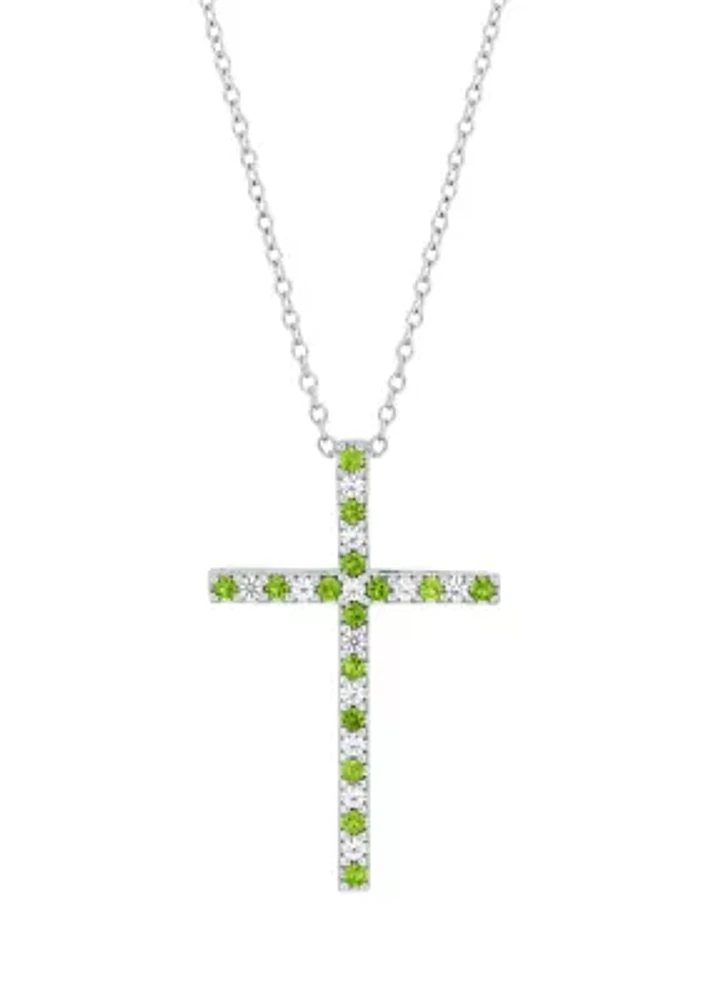 Peridot and Created White Sapphire Cross Pendant Necklace with 18" Box Chain in 10K White Gold