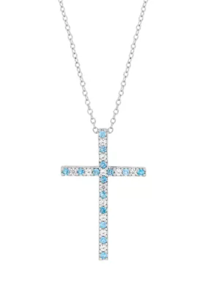 Aquamarine and Created White Sapphire Cross Pendant Necklace with 18" Box Chain in 10K White Gold