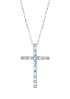 Aquamarine and Created White Sapphire Cross Pendant Necklace with 18" Box Chain in 10K White Gold