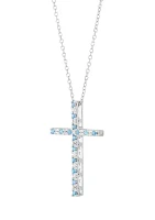 Aquamarine and Created White Sapphire Cross Pendant Necklace with 18" Box Chain in 10K White Gold