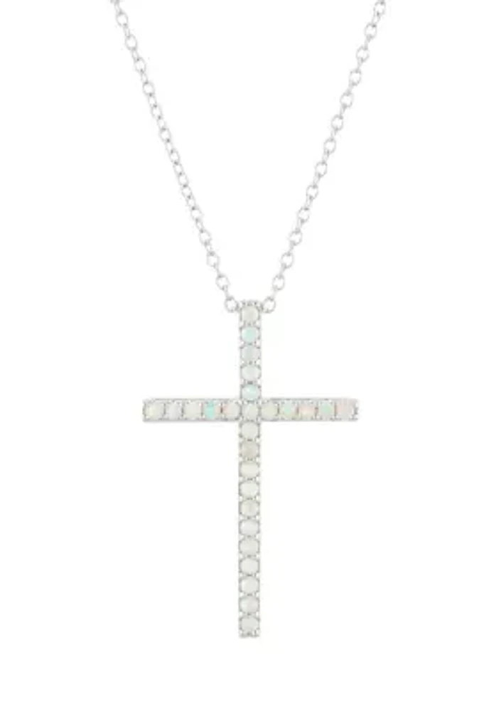 Lab Created Opal Cross Pendant Necklace with 18" Box Chain in 10K White Gold