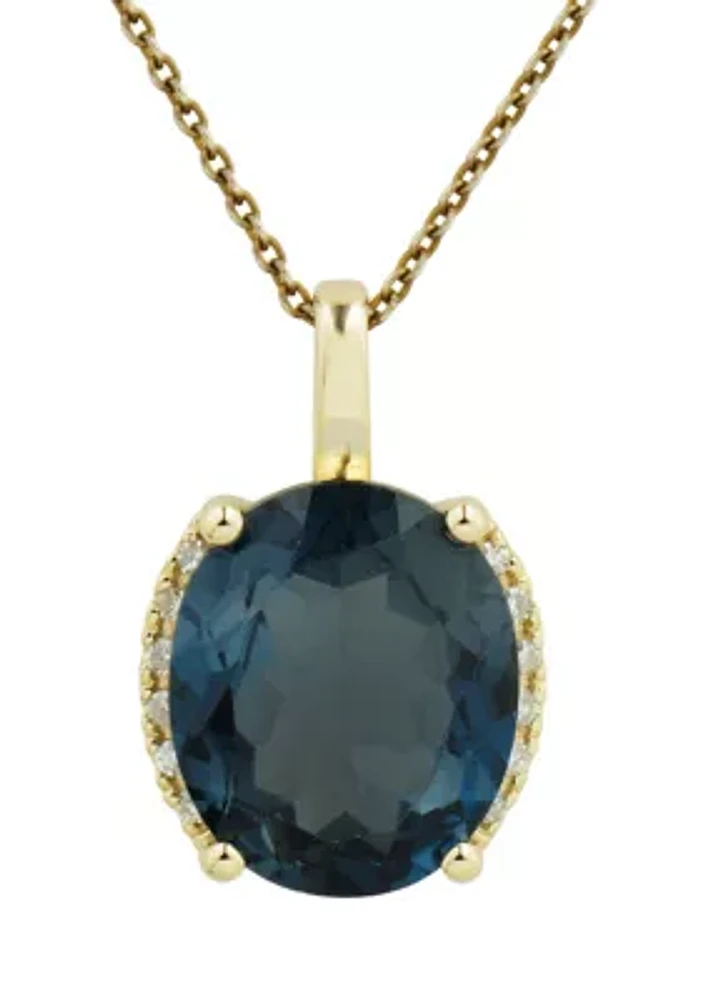 1/10 ct. t.w. Diamond and London Blue Topaz Oval Pendant Necklace with 18" Rope Chain in 10K Yellow Gold