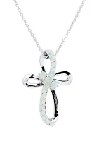 Lab Created Opal Cross Pendant Necklace with 18" Cable Chain in Sterling Silver