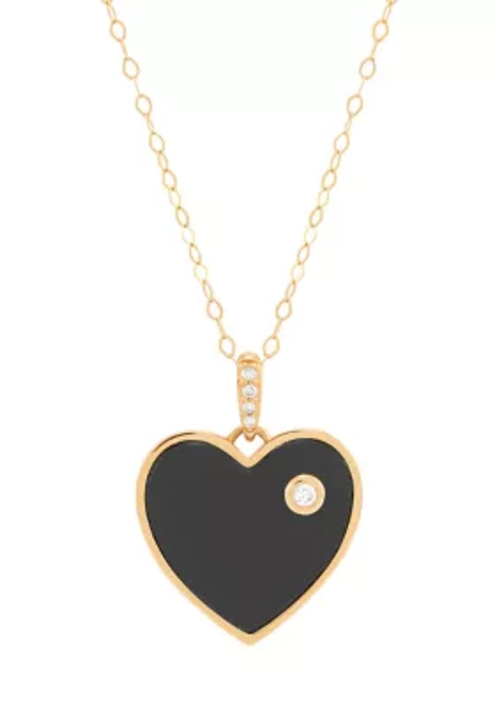 Heart Onyx and Diamond Accent Pendant with 17" Cable Chain in 14K Yellow Gold