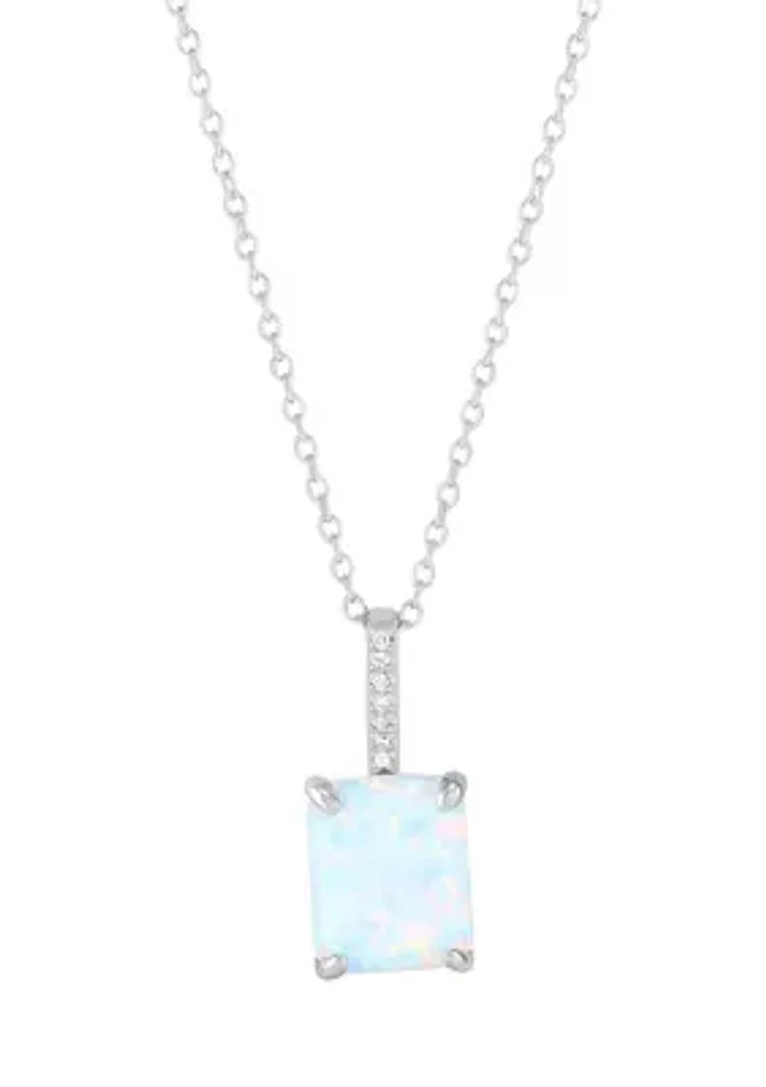 Lab Grown Emerald Cut Opal and Diamond Accent Pendant with 18" Cable Chain in Sterling Silver