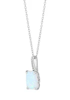 Lab Grown Emerald Cut Opal and Diamond Accent Pendant with 18" Cable Chain in Sterling Silver