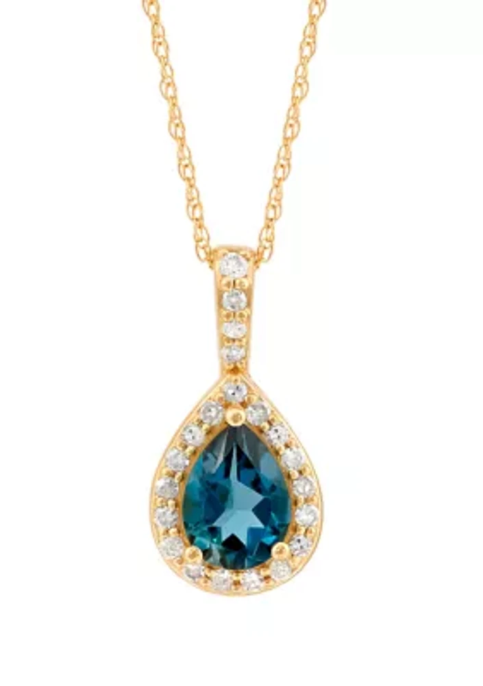 London Blue Topaz and 1/7 ct. t.w. Diamond Pendant with 18" Rope Chain in 10K Yellow Gold